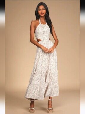 Lulus Floral Cutout Halter Maxi Dress in Ivory - S